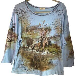 Vintage Cactus Sz 1X T-Shirt Top Y2K Cowgirl Graphic Long Sleeve Cotton Blue